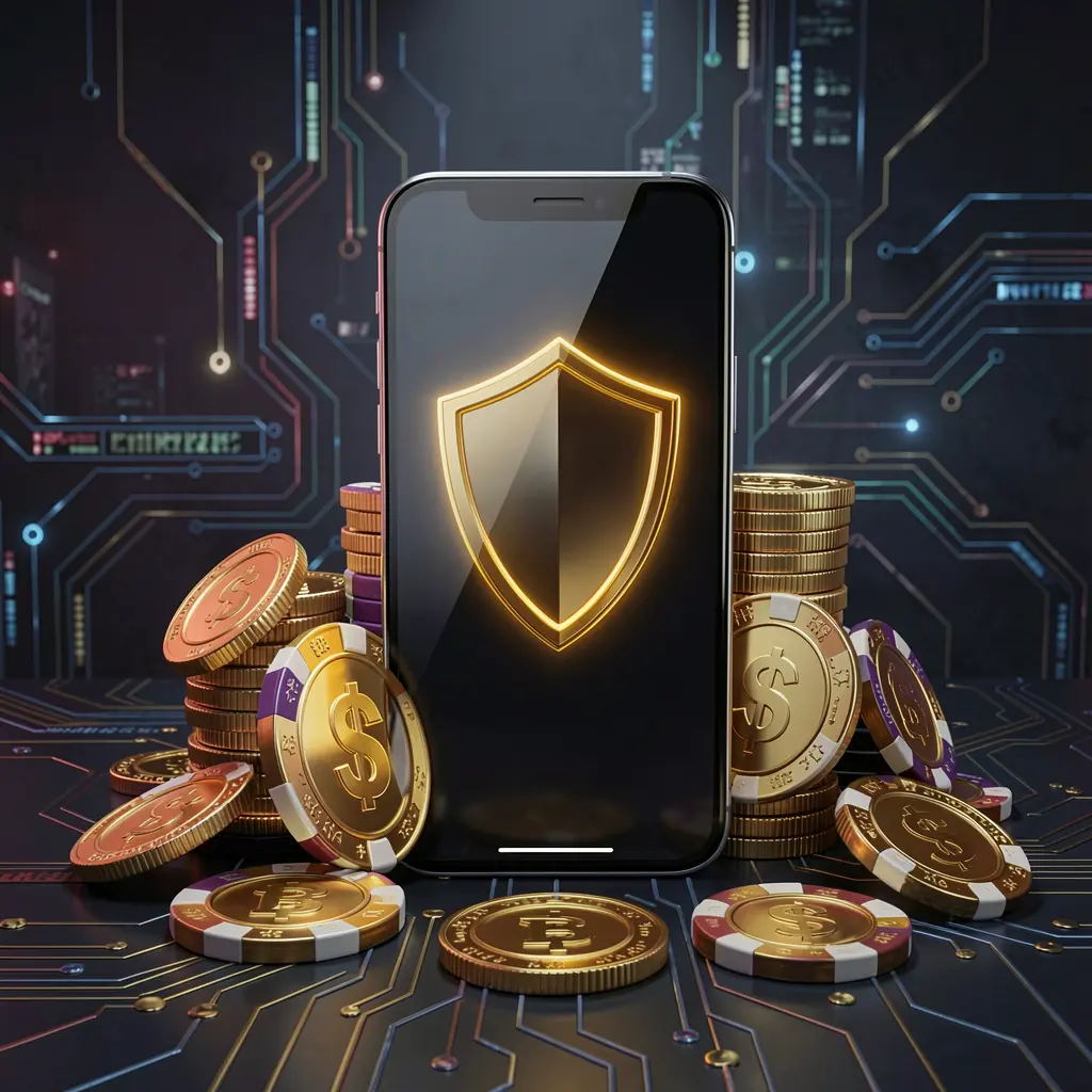 K7BD secure mobile casino app concept showing a smartphone with a glowing shield icon surrounded by golden coins and chips against a dark luxury cyber background
