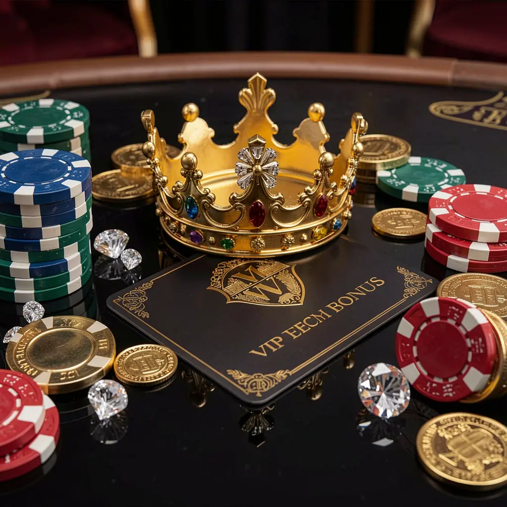 K7BD VIP casino bonus concept featuring a golden crown, luxury membership card, poker chips, diamonds, and coins displayed on a glossy black table in an elegant premium style