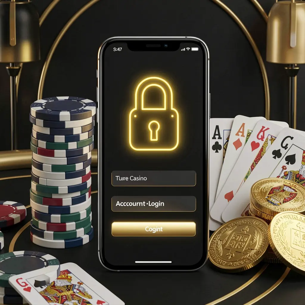 K7BD secure casino account login concept showing a glowing lock icon on a smartphone screen surrounded by poker chips, playing cards, and golden coins against an elegant black and gold background