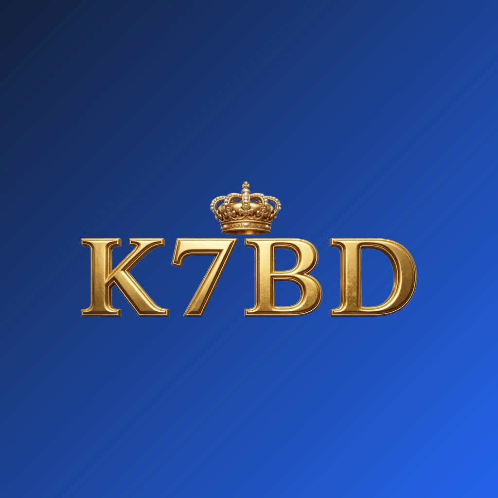 K7BD luxury brand logo with a gold metallic finish featuring a crown above the letters on a transparent background, designed as a horizontal rectangular wordmark for website header
