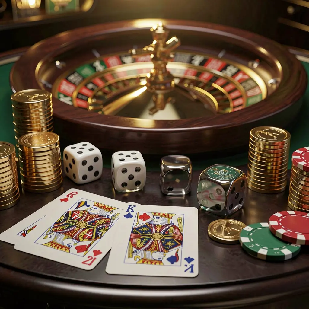 K7BD elegant online casino homepage featuring royal flush cards, dice, golden coins, poker chips on a dark table with a glowing roulette wheel in the background, cinematic 3D render
